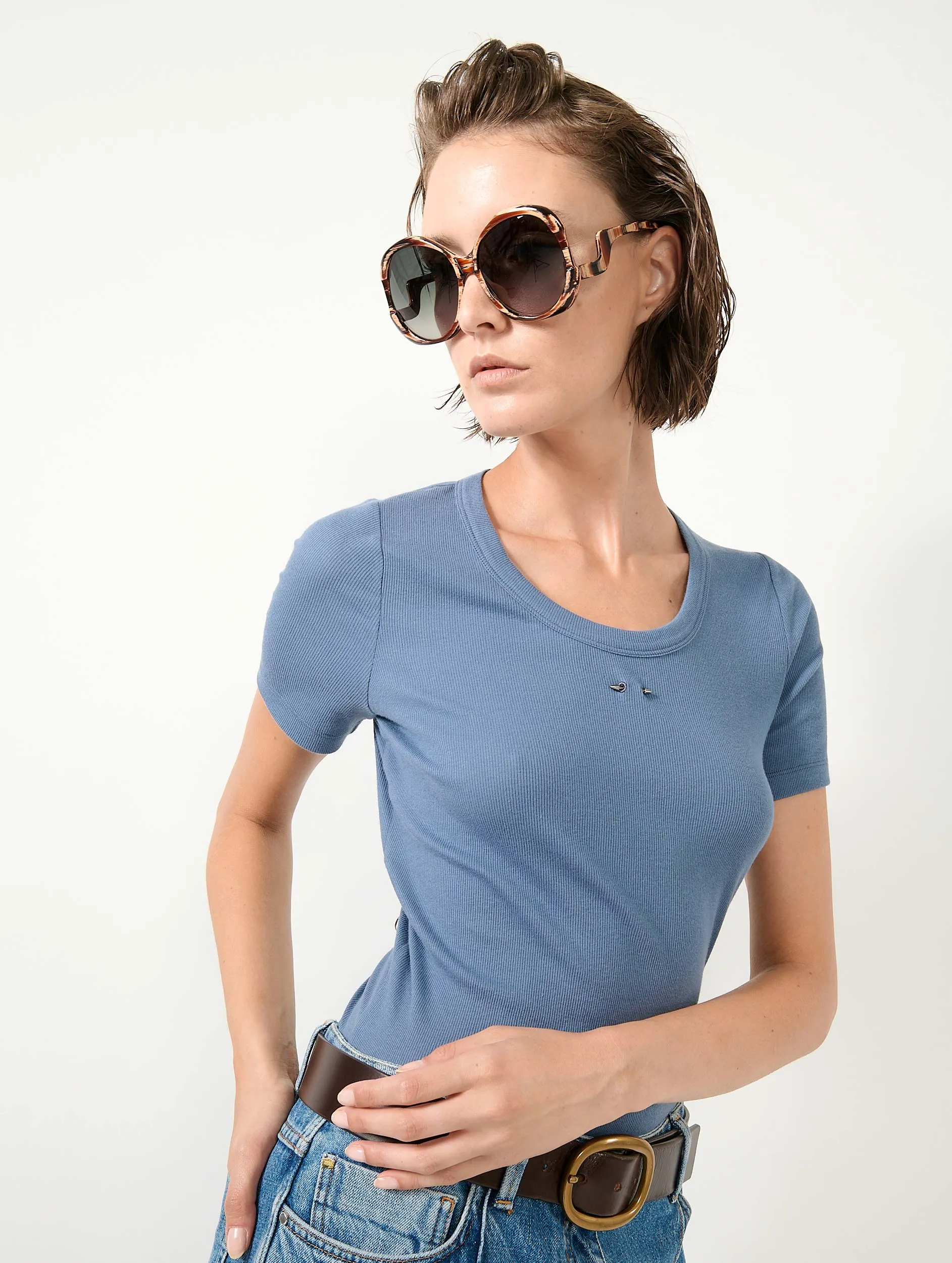 Tee-shirt en jersey côtelé bleu denim sold by Barbara Bui