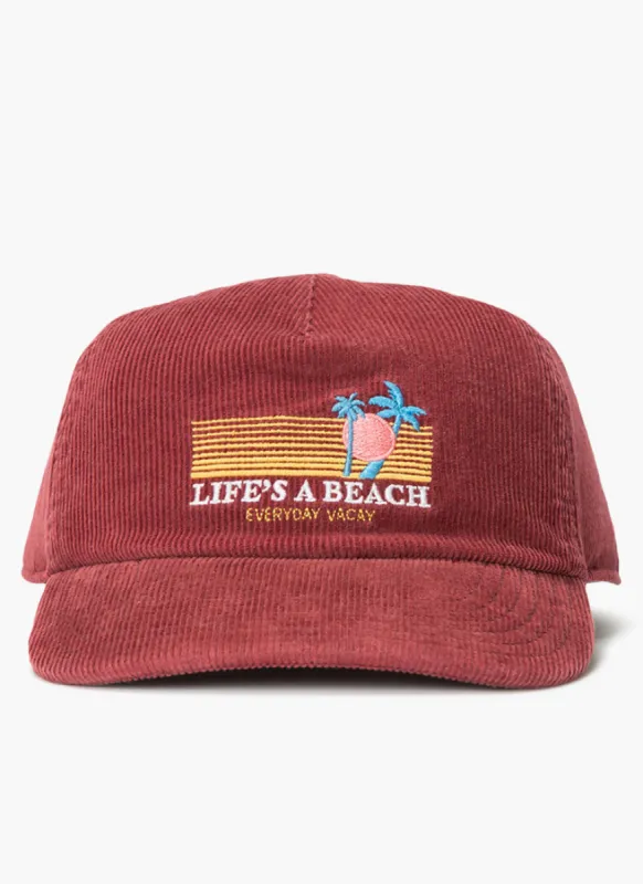 Life's A Beach Cord 5-Panel Red sold by Barney Cools
