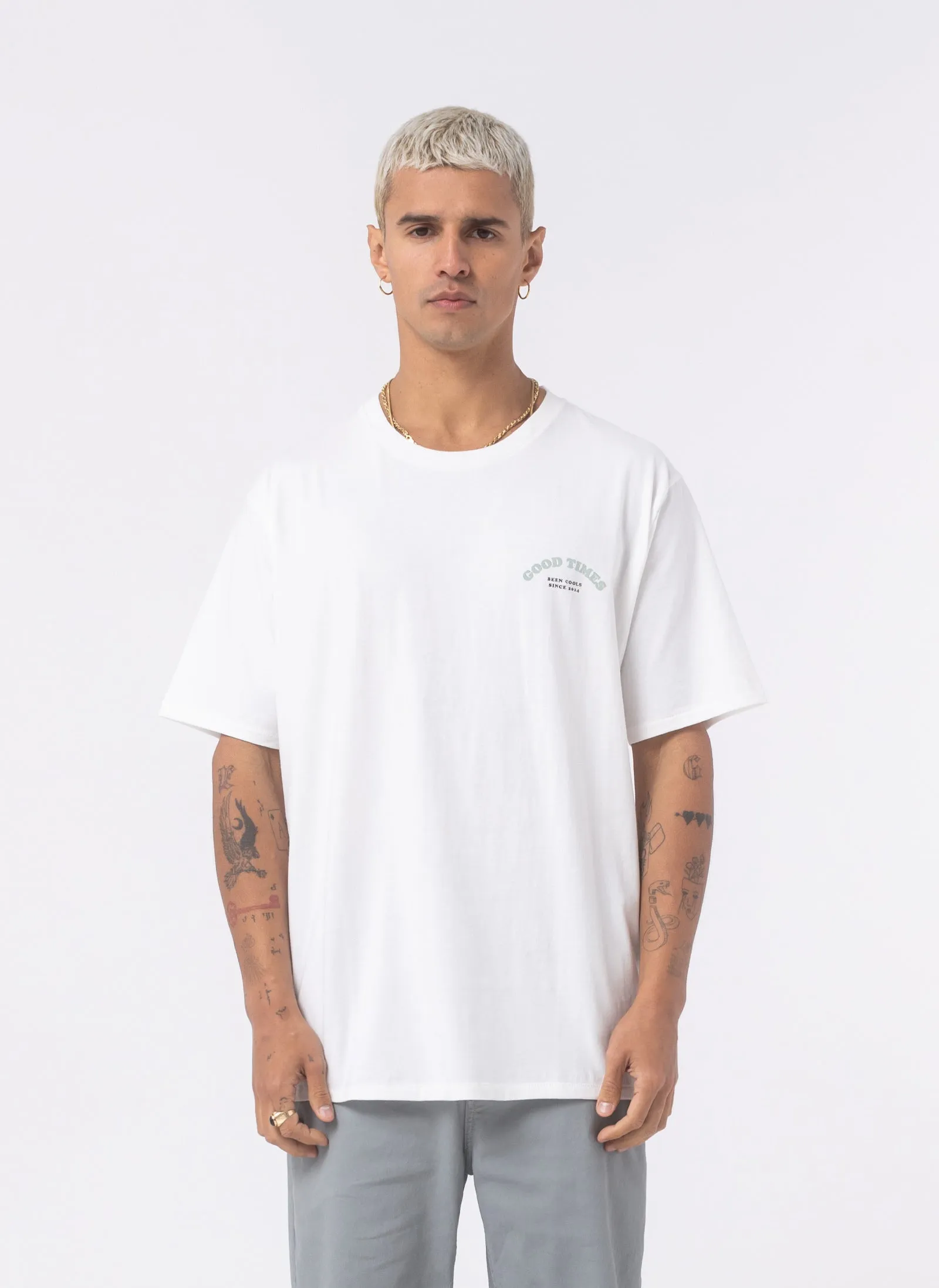 Good Times Tee White sold by Barney Cools