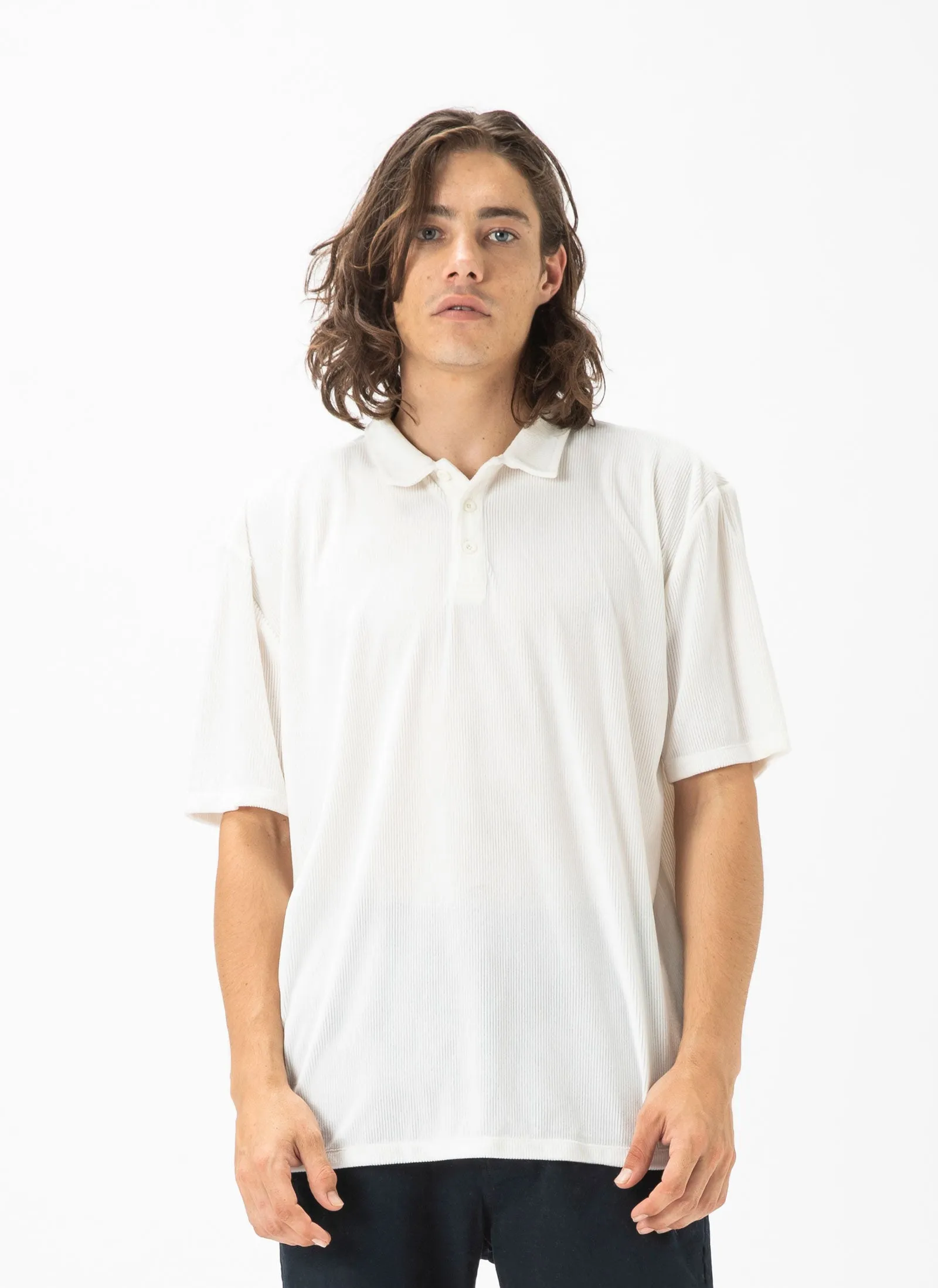 Velour Cord Polo White sold by Barney Cools
