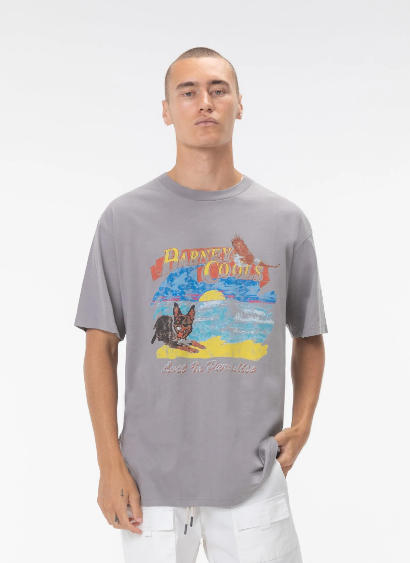 Lost Paradise Tee Smoke sold by Barney Cools