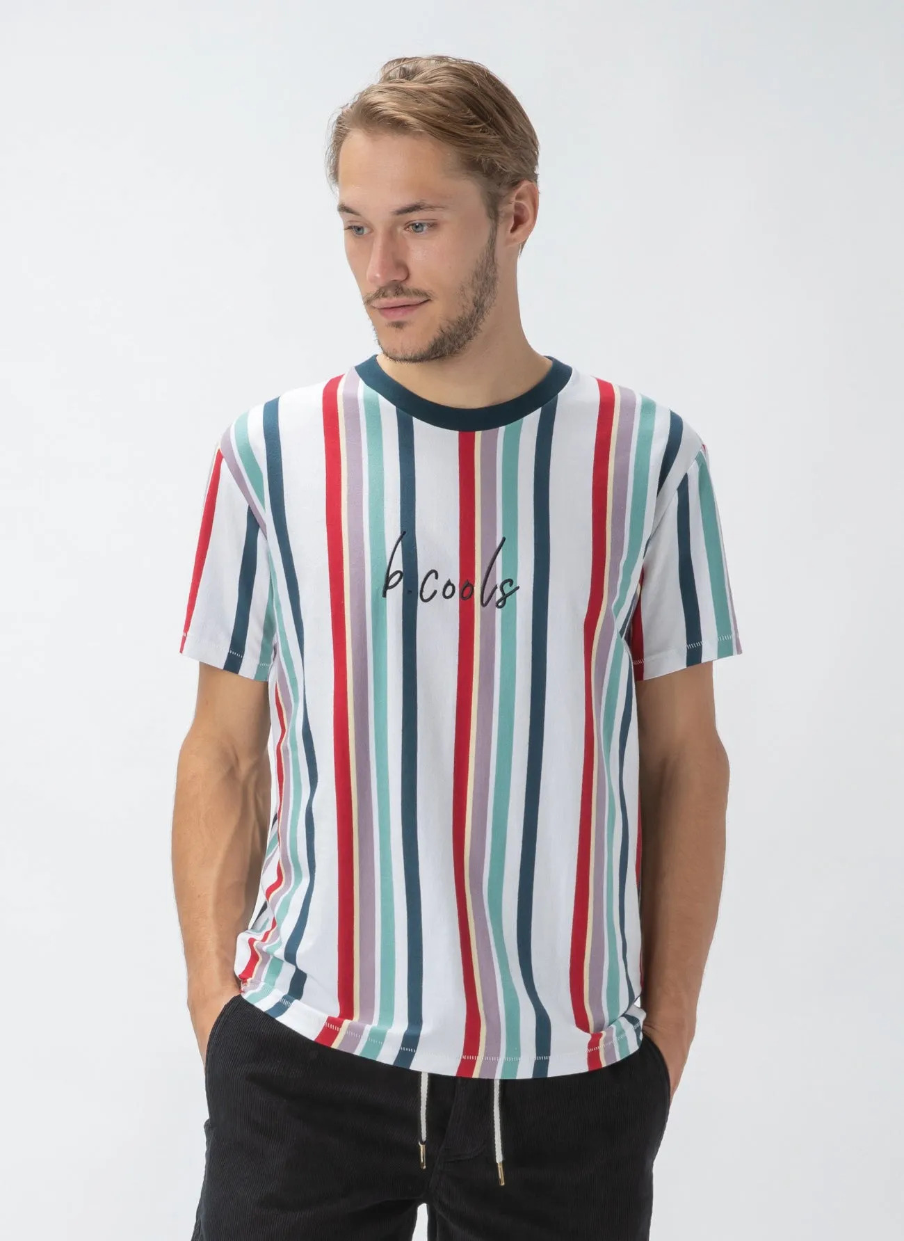 B.Cools Script Tee White Vert Stripe sold by Barney Cools