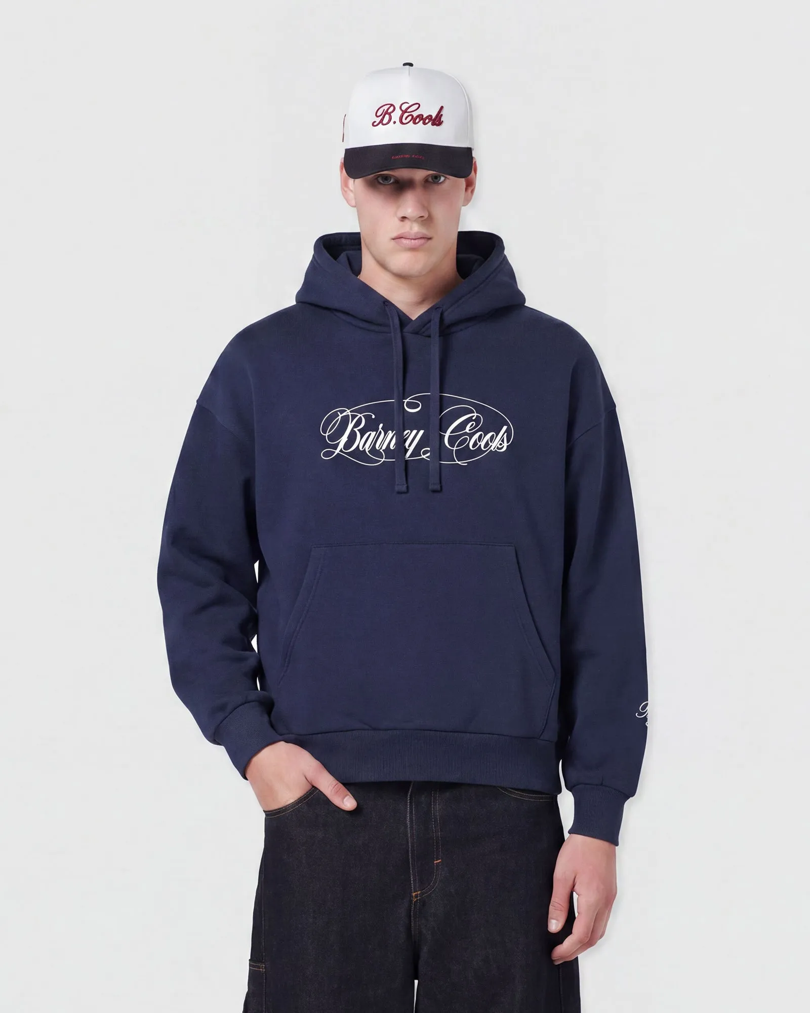 script hood navy sold by Barney Cools