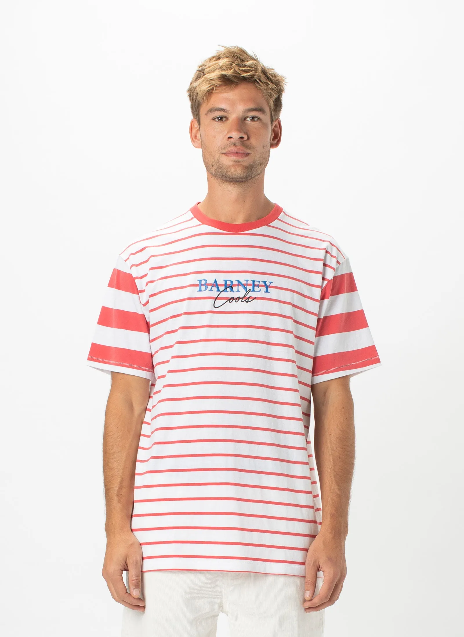 Script Embro Heritage Tee Red Stripe sold by Barney Cools