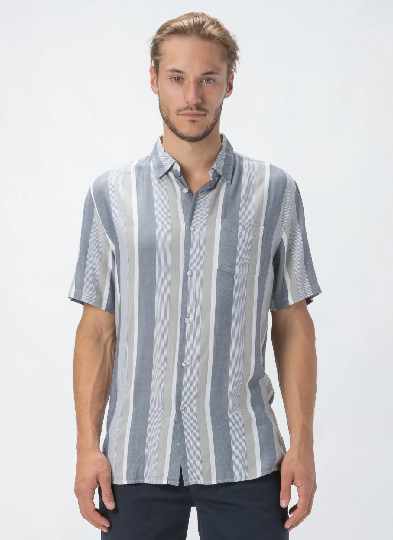 Holiday Short-Sleeve Shirt Navy Vert Stripe sold by Barney Cools