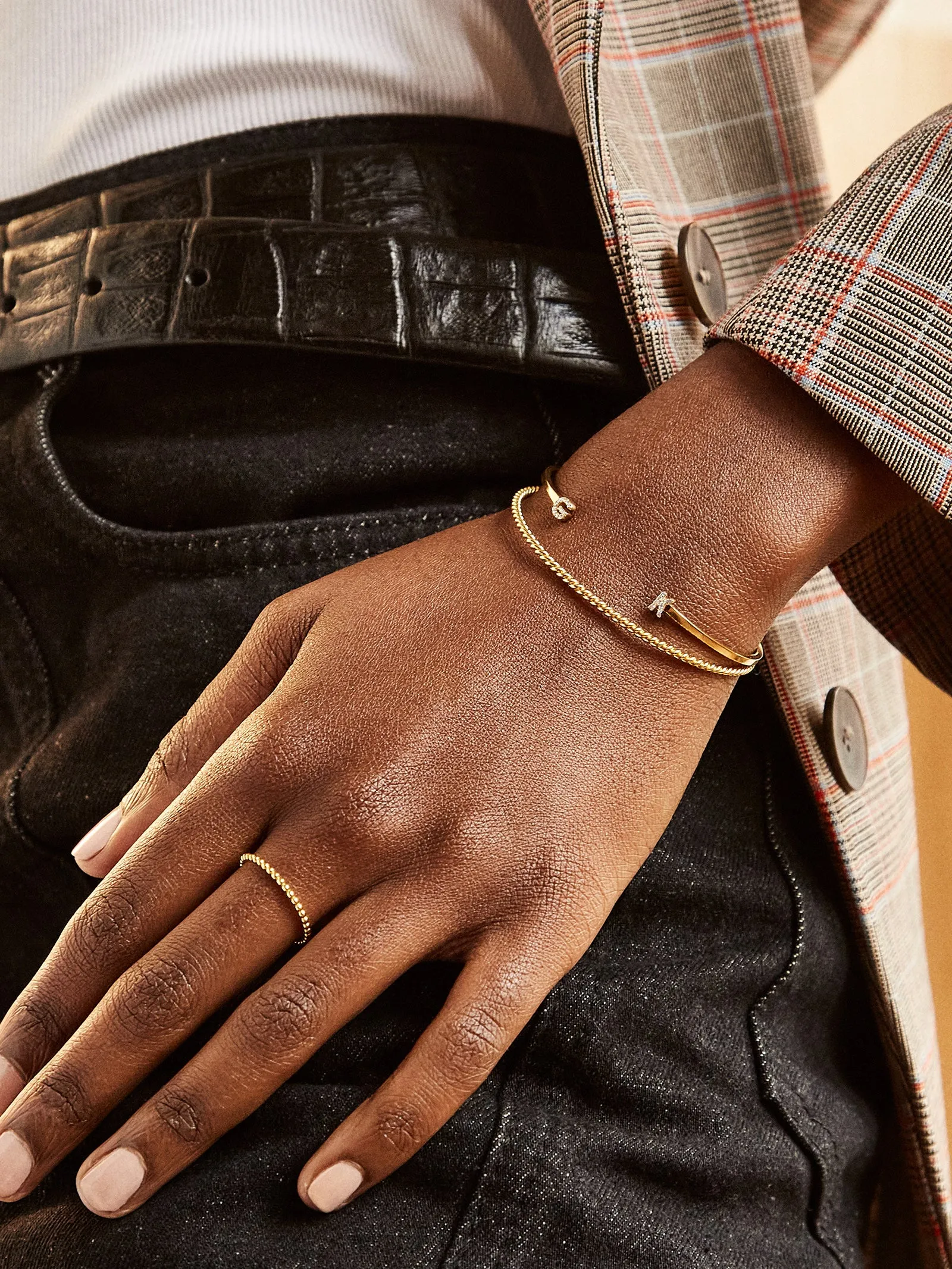 18K Gold Double Initial Custom Cuff Bracelet - Gold/Pavé sold by BaubleBar product image thumbnail 5