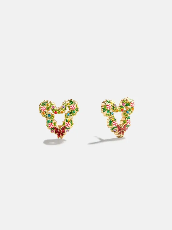 Disney Mickey Mouse Wreath Earrings - Holiday Wreath sold by BaubleBar