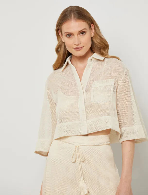 Loretta Long Sleeve Loose Crop Button Down Shirt sold by BCBGMaxAzria