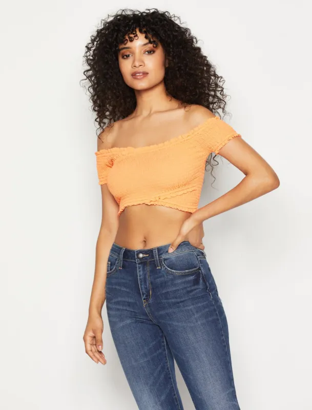 Smocked Off-The-Shoulder Crop Top sold by BCBGMaxAzria