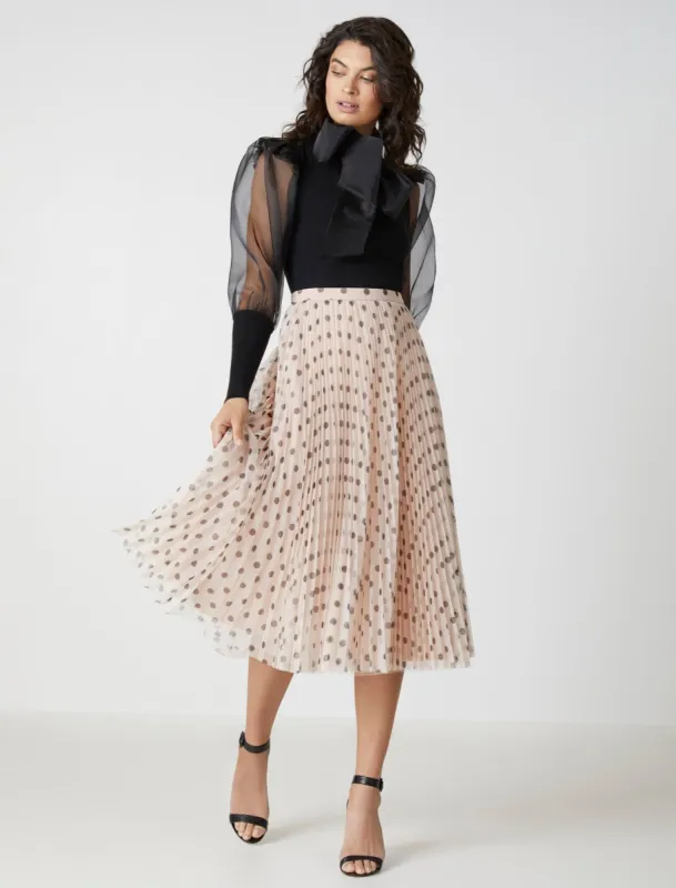 Polka Dot Pleated Midi Skirt sold by BCBGMaxAzria