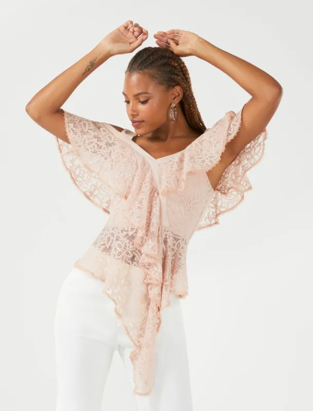 Asymmetrical Cold Shoulder Lace Top sold by BCBGMaxAzria