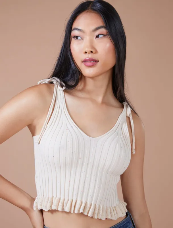 Tie Shoulder Rib Knit Crop Top sold by BCBGMaxAzria