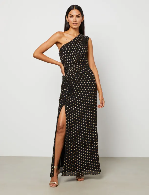 One-Shoulder Metallic Dot Evening Dress sold by BCBGMaxAzria