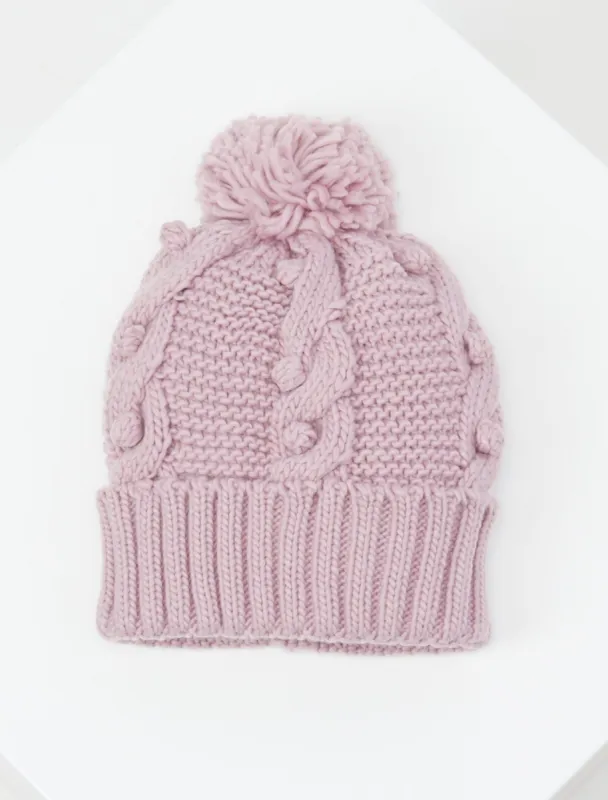 Girls Popcorn Cable Knit Pom Beanie sold by BCBGMaxAzria