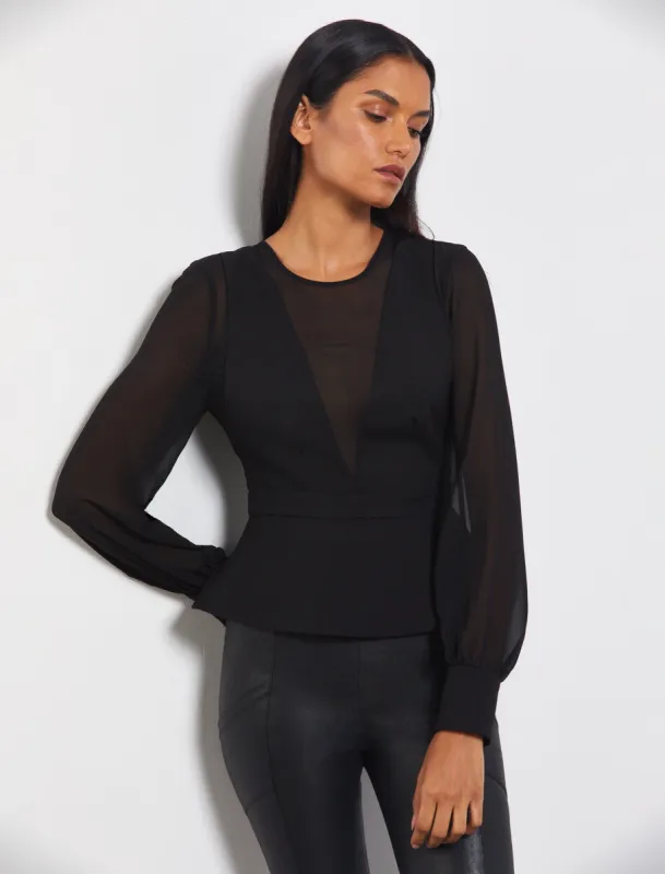 V-Neck Mesh Peplum Top sold by BCBGMaxAzria