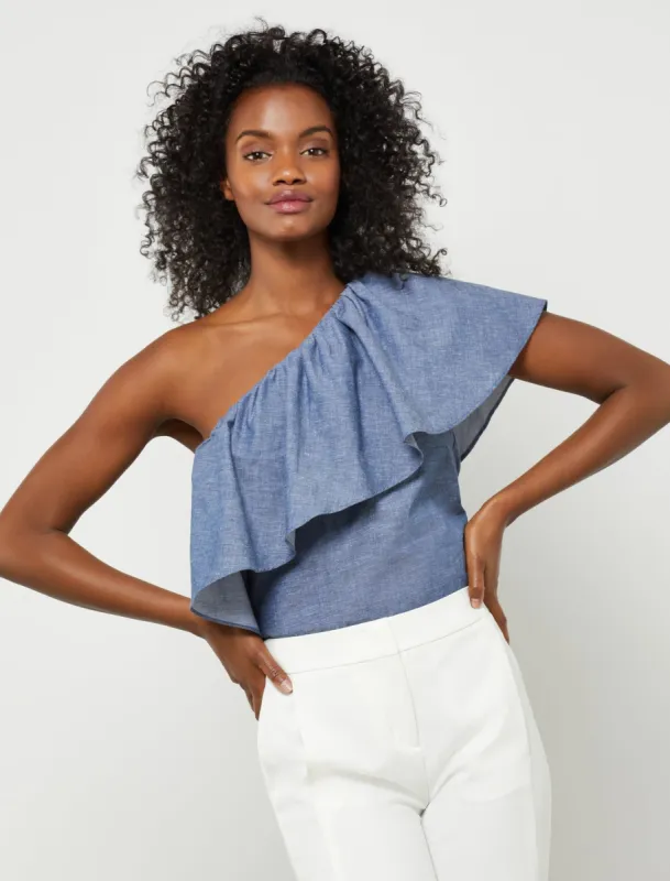 Ruffle One-Shoulder Chambray Top sold by BCBGMaxAzria
