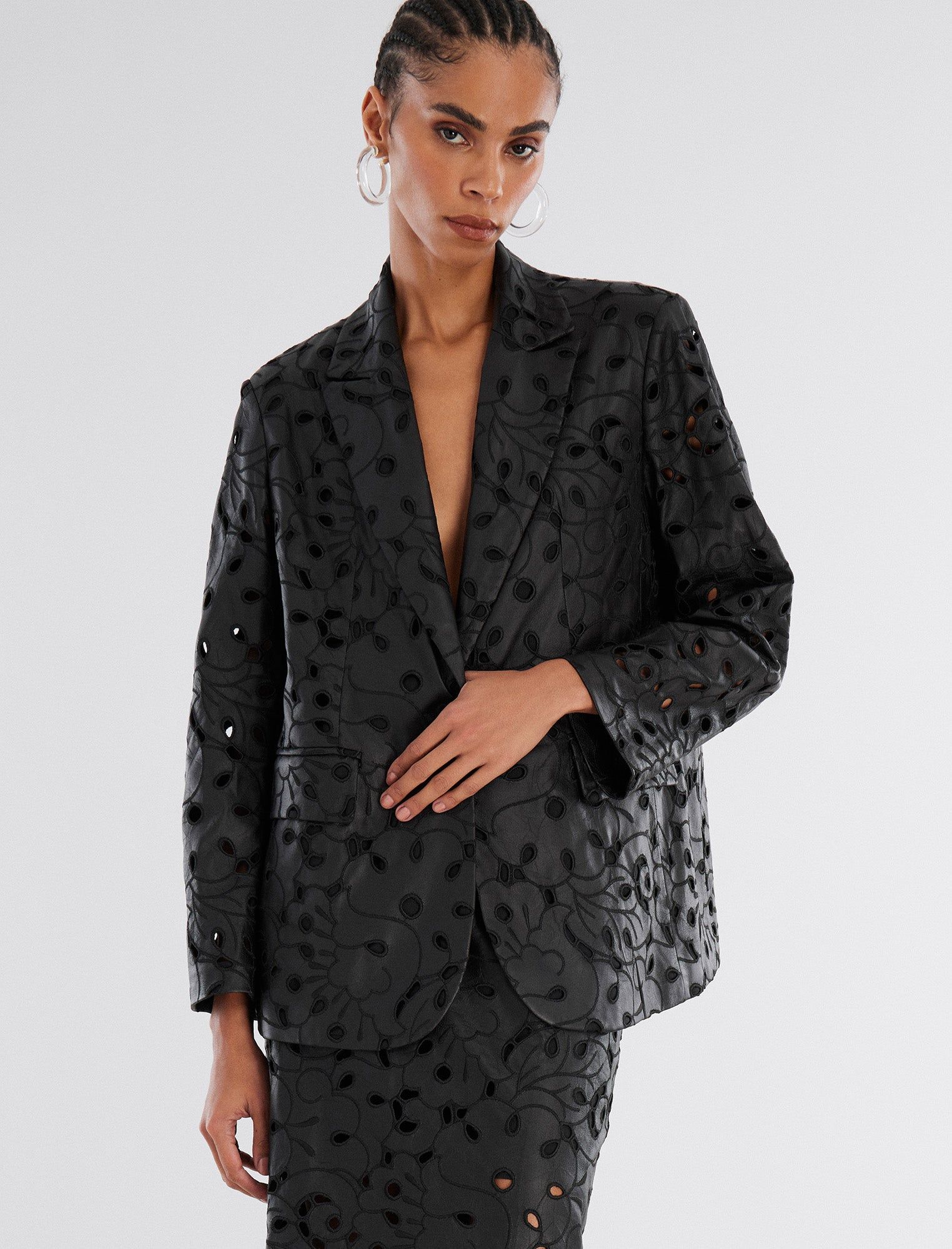 Aimee Faux Leather Lace Blazer sold by BCBGMaxAzria