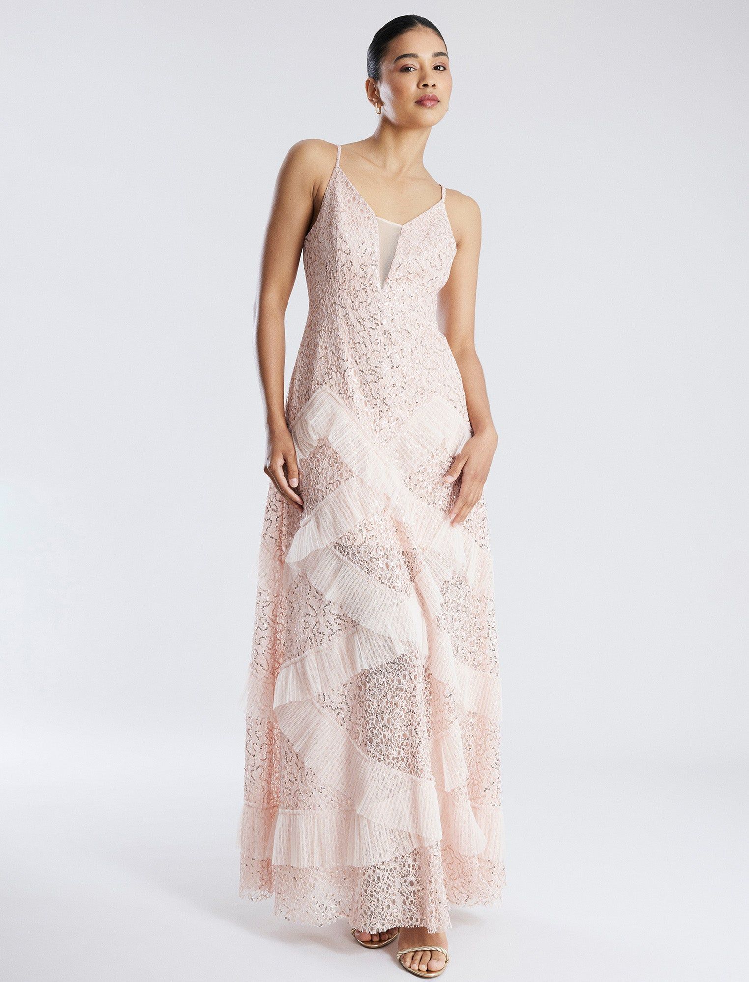 Isla Sequined Illusion Ruffle Gown sold by BCBGMaxAzria