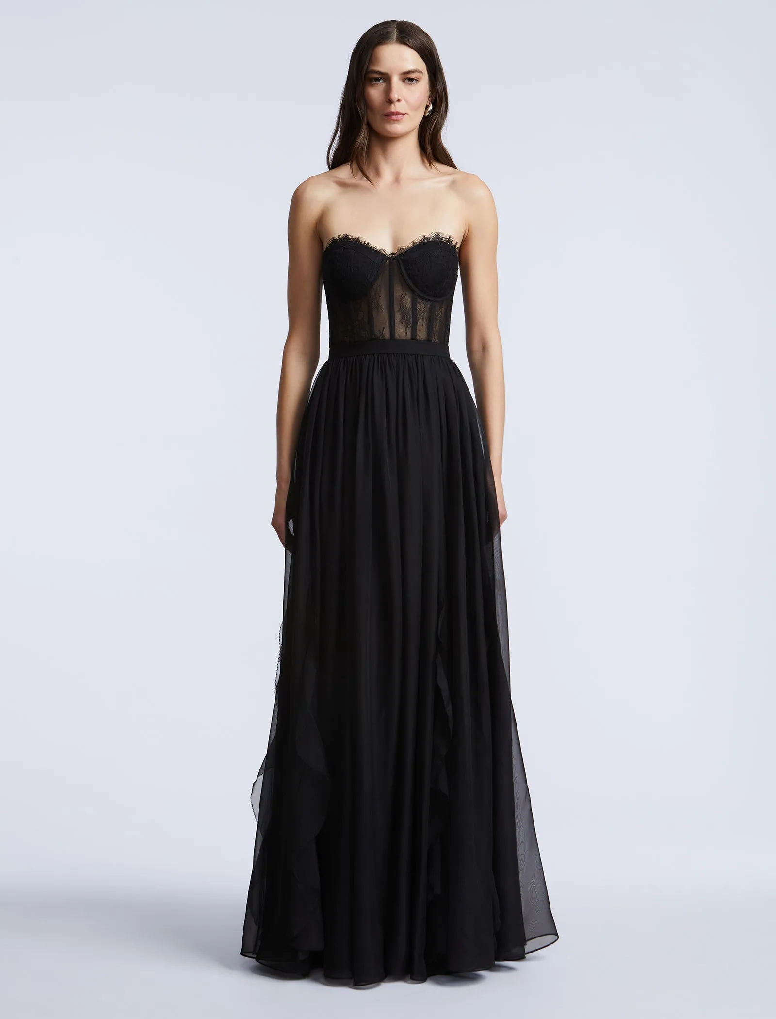 Lace Bodice Chiffon Rufle Gown sold by BCBGMaxAzria