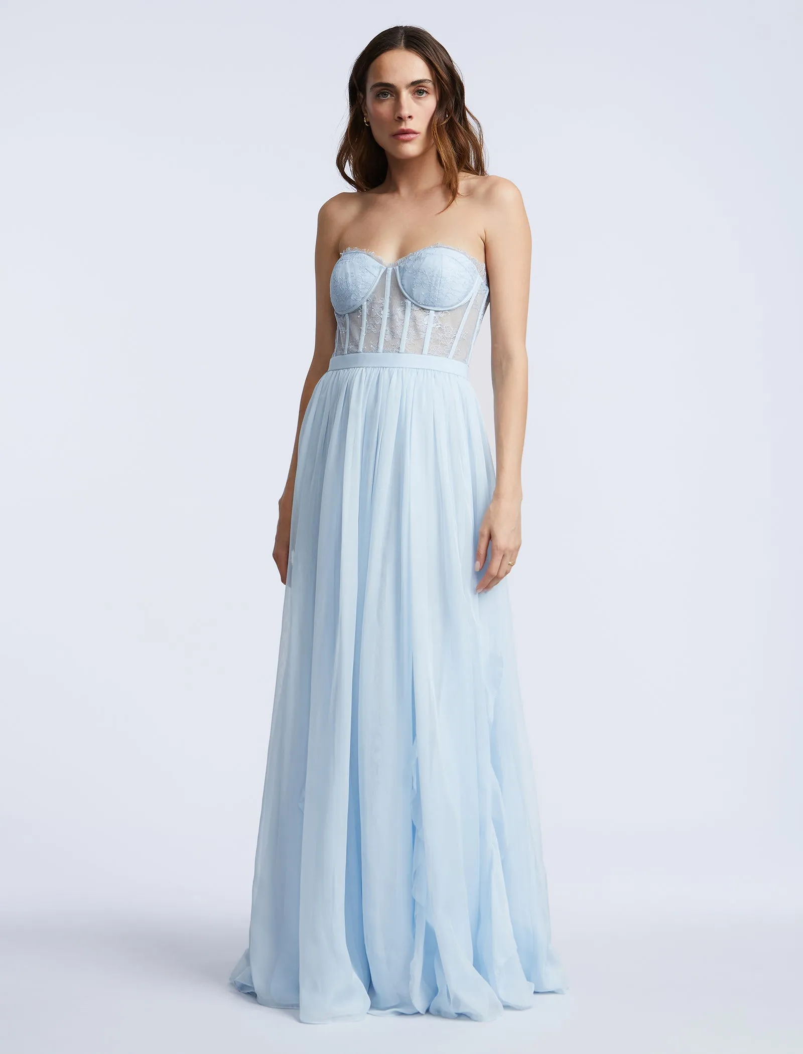 Lace Bodice Chiffon Rufle Gown sold by BCBGMaxAzria