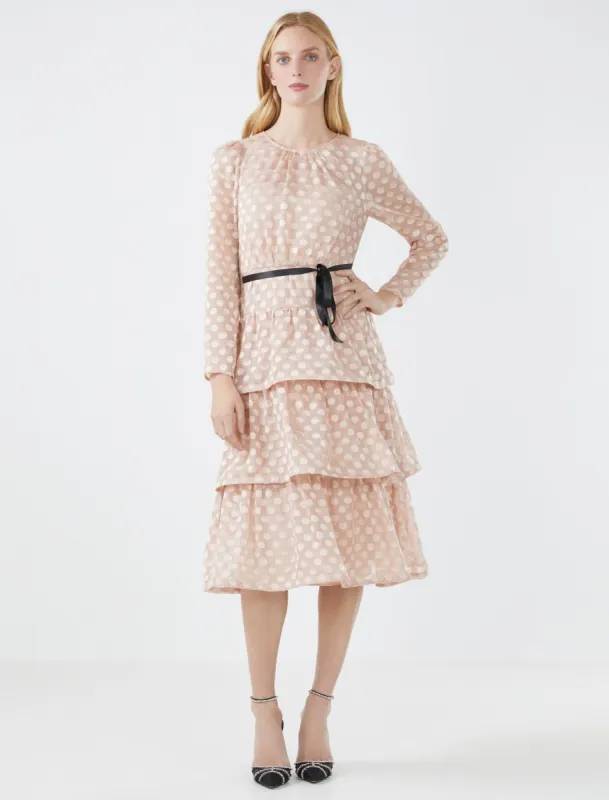 Kamila Dotted Ruffle Evening Dress sold by BCBGMaxAzria