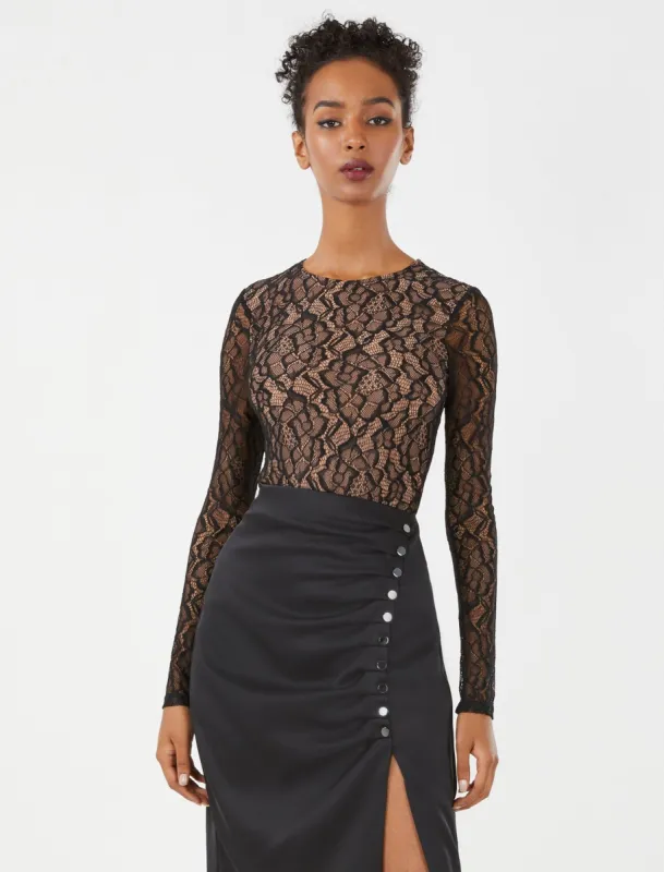Crew Neck Long Sleeve Lace Bodysuit sold by BCBGMaxAzria