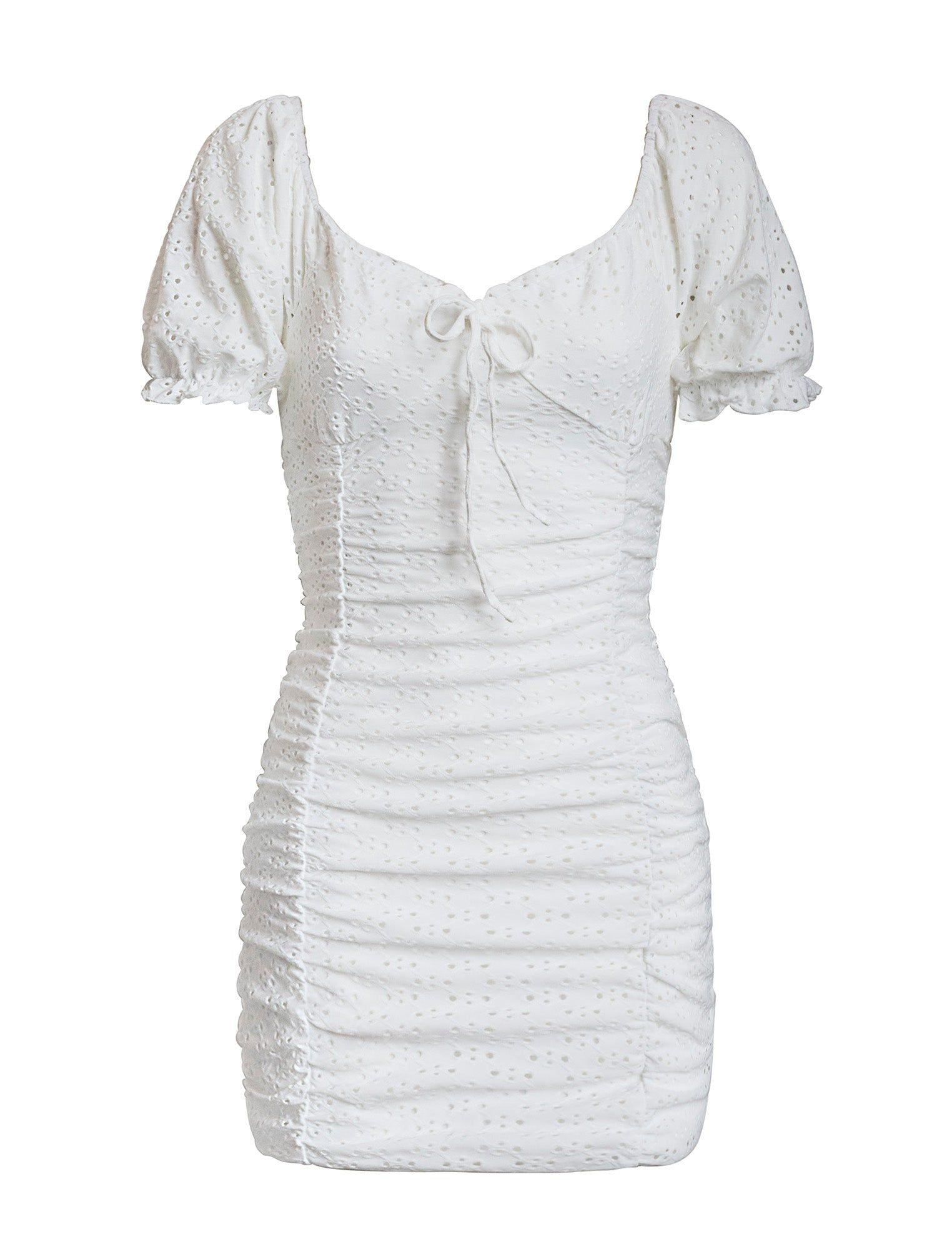 Puff Sleeve Ruched Eyelet Mini Dress sold by BCBGMaxAzria