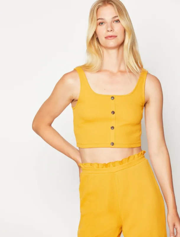 Colton Ribbed Button-Front Crop Tank sold by BCBGMaxAzria