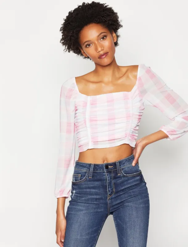 Long Sleeve Plaid Mesh Top sold by BCBGMaxAzria