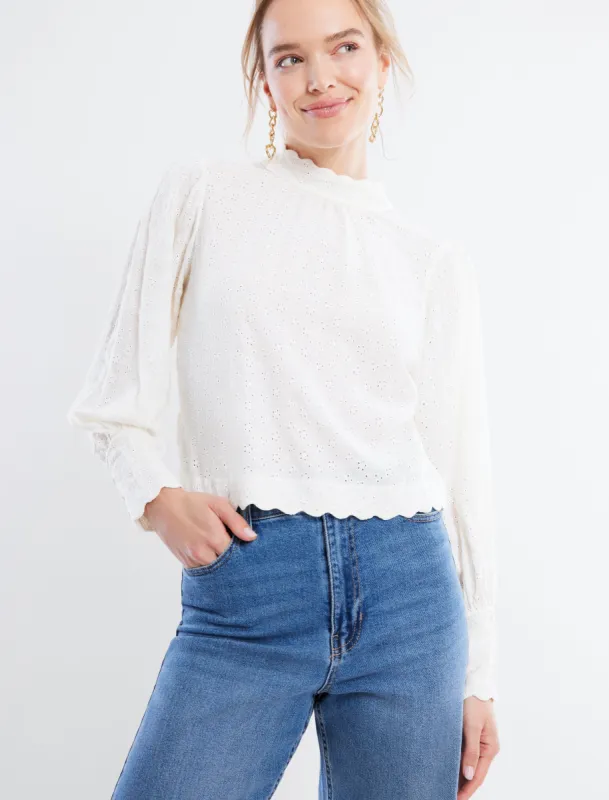 Mock Neck Scalloped Eyelet Lace Top sold by BCBGMaxAzria