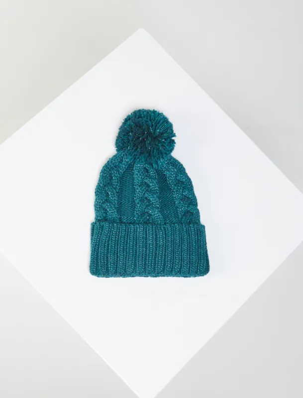 Metallic Cable Knit Tonal Pom Beanie sold by BCBGMaxAzria