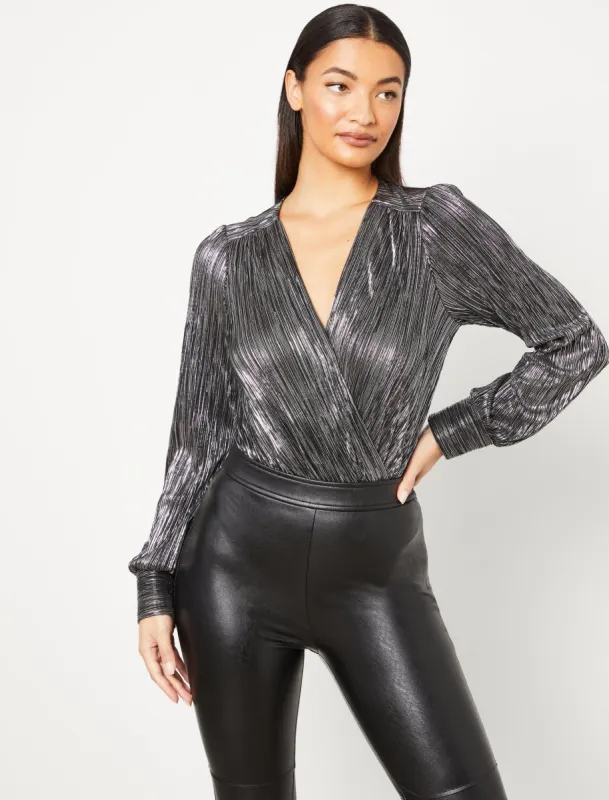 Metallic Surplice Bodysuit sold by BCBGMaxAzria