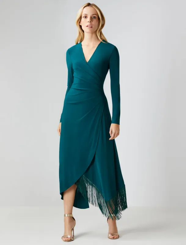 Piper Faux Wrap Fringe Dress sold by BCBGMaxAzria