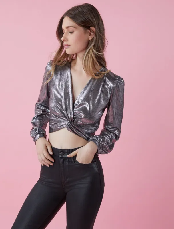 Metallic Twist Front Crop Top sold by BCBGMaxAzria