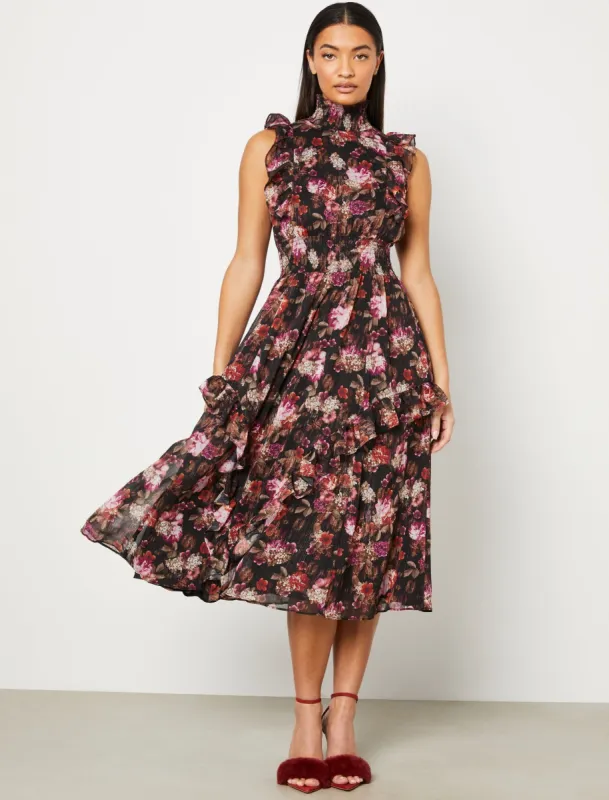 Rori Mock Neck Dress with smocked waist and ruffles sold by BCBGMaxAzria