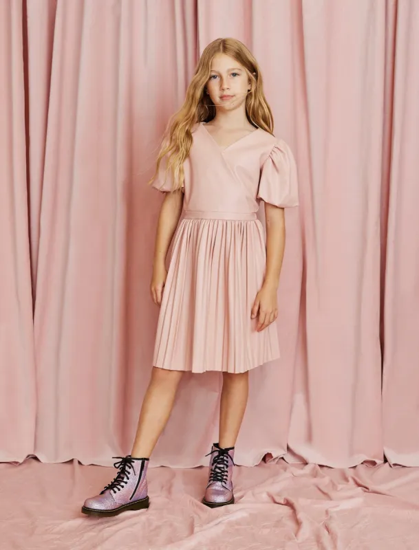 Girls Puff Sleeve Pleated Faux Leather Dress sold by BCBGMaxAzria