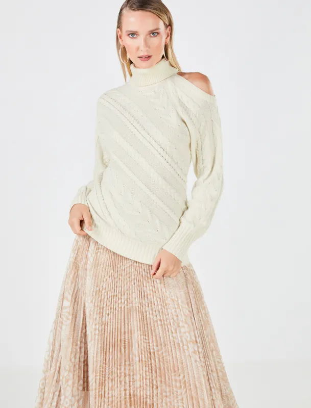 Cold Shoulder Cable Knit Sweater sold by BCBGMaxAzria