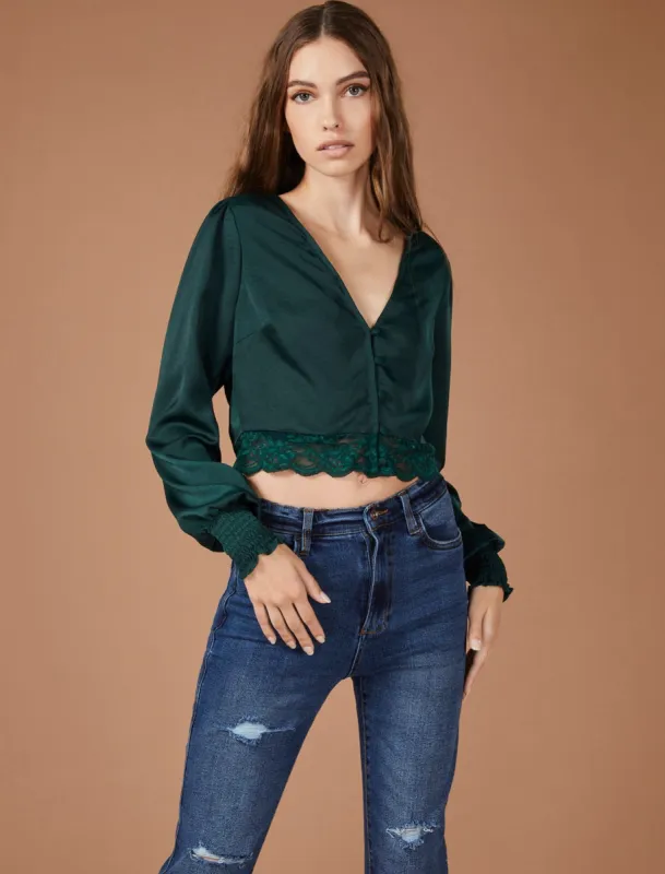 Lace Trim Satin Crop Top sold by BCBGMaxAzria