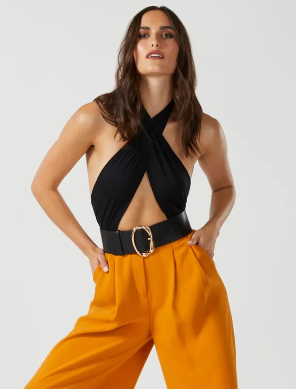 Olivia Cross Halter Bodysuit sold by BCBGMaxAzria