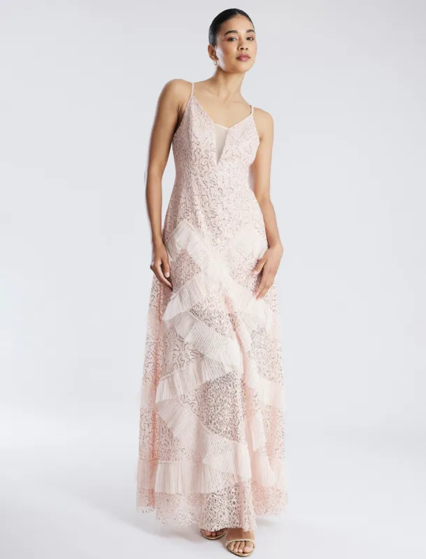 Isla Beaded Illusion Ruffle Gown sold by BCBGMaxAzria