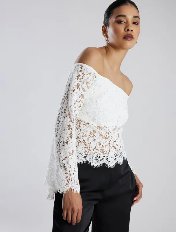 Off-The-Shoulder Bell Sleeve Lace Top sold by BCBGMaxAzria