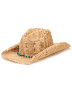 Crochet Raffia Cowboy w/ Beaded Trim by San Diego Hat Company - Natural/ Turquoise sold by Beach Bunny