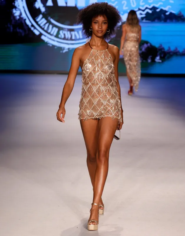 Dione Sparkle Halter Mini Dress - Rose Gold made by Beach Bunny