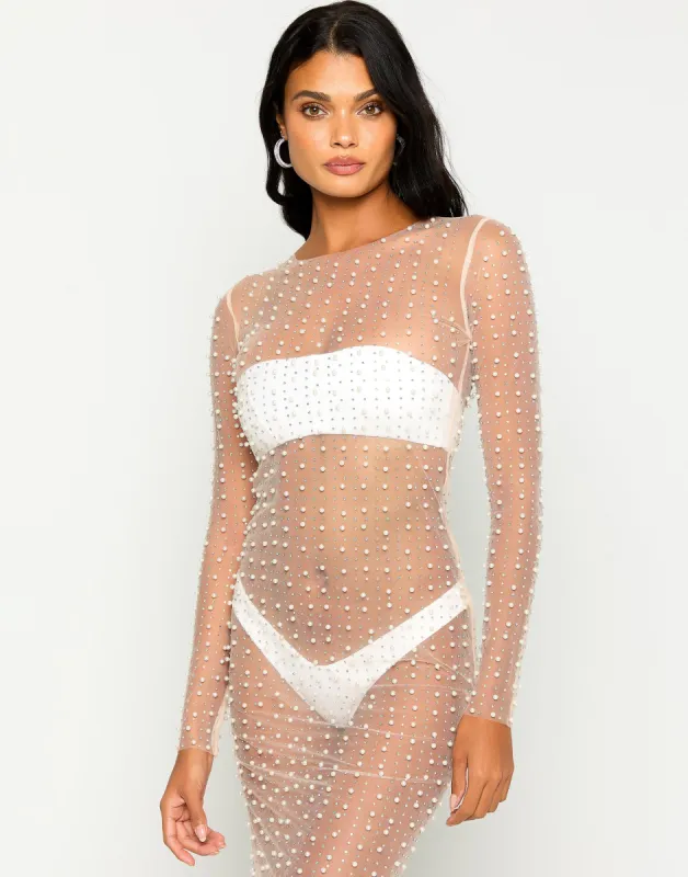 Champagne Nights Pearl Mesh Dress - Nude sold by Beach Bunny