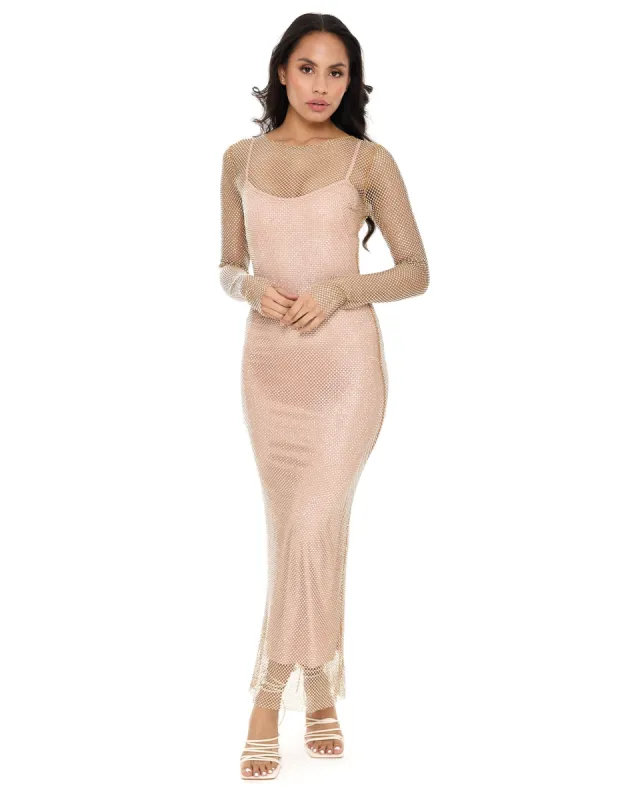 Diamante Long Sleeve Maxi Dress by Rare London - Cream made by Rare London