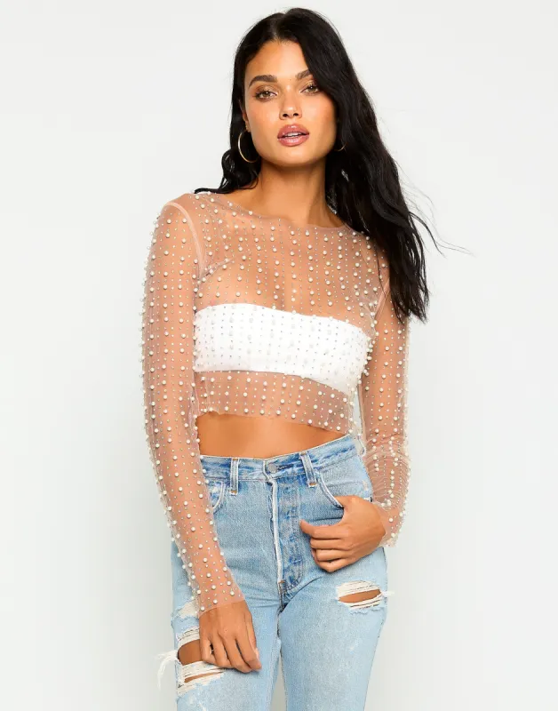 Look & Glisten Pearl Mesh Top - Nude made by Beach Bunny