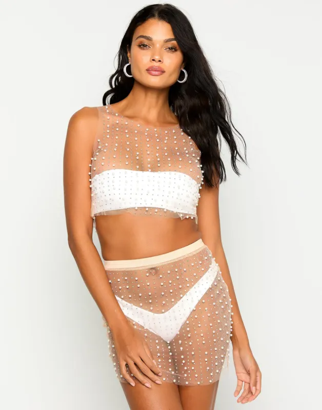 Glitzy Girl Pearl Mesh Top & Skirt Set - New Nude made by Beach Bunny