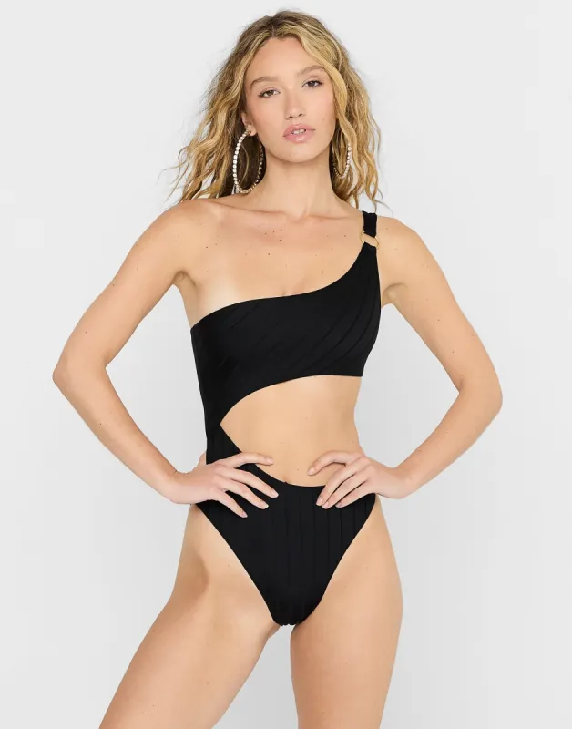 Lilly One Piece - Black Shiny Wide Rib sold by Beach Bunny