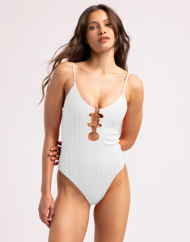 Katrina Full One Piece - White Shiny Wide Rib sold by Beach Bunny