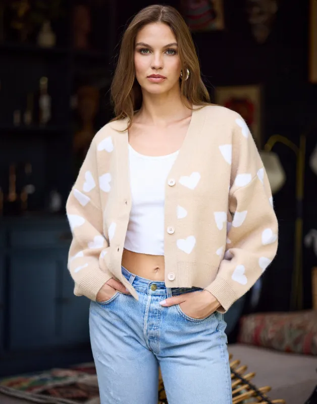 Lovely Hearts Cardigan by Summer Haus - Taupe/White sold by Beach Bunny